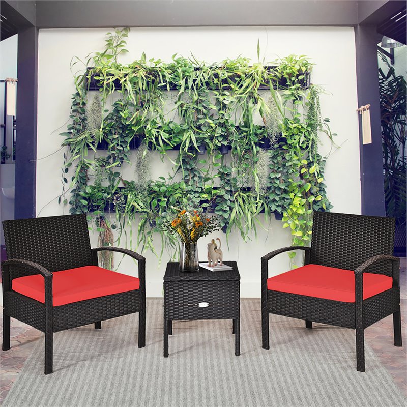 Pemberly Row 3-piece Rattan Patio Furniture Set with Sponge Cushion in Red