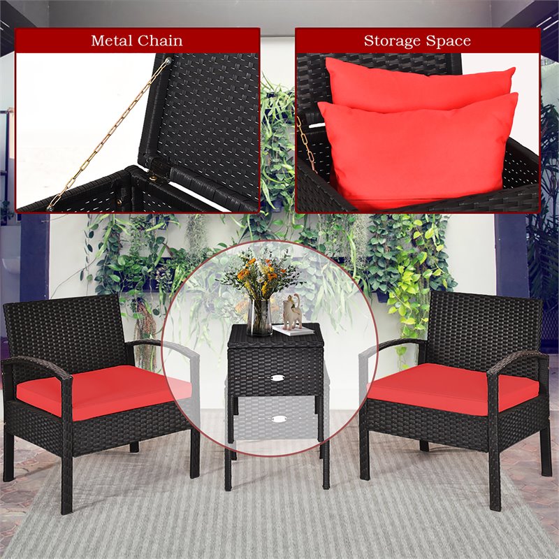 Pemberly Row 3-piece Rattan Patio Furniture Set with Sponge Cushion in Red