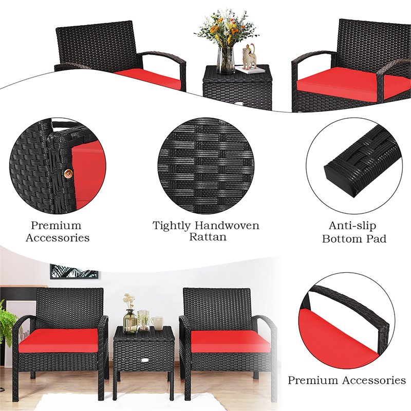 Pemberly Row 3-piece Rattan Patio Furniture Set with Sponge Cushion in Red