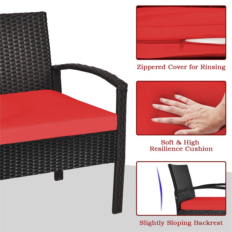 Pemberly Row 3-piece Rattan Patio Furniture Set with Sponge Cushion in Red