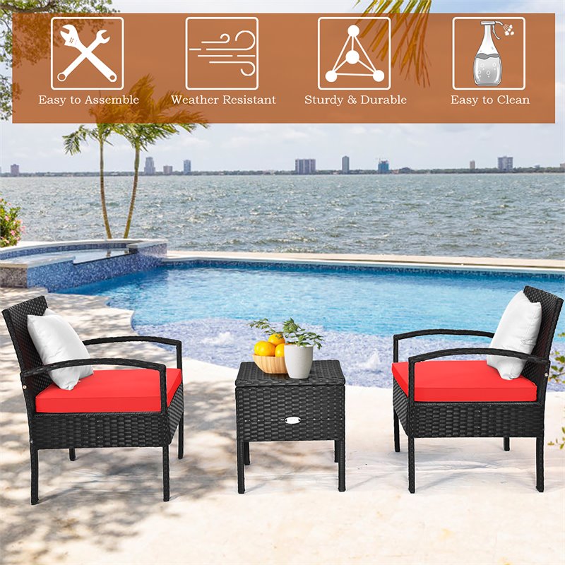 Pemberly Row 3-piece Rattan Patio Furniture Set with Sponge Cushion in Red