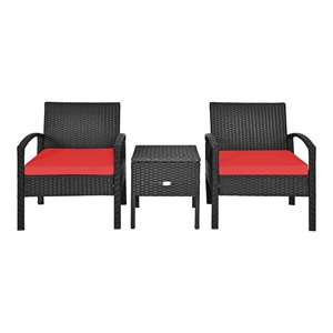Pemberly Row 3-piece Rattan Patio Furniture Set with Sponge Cushion in Red
