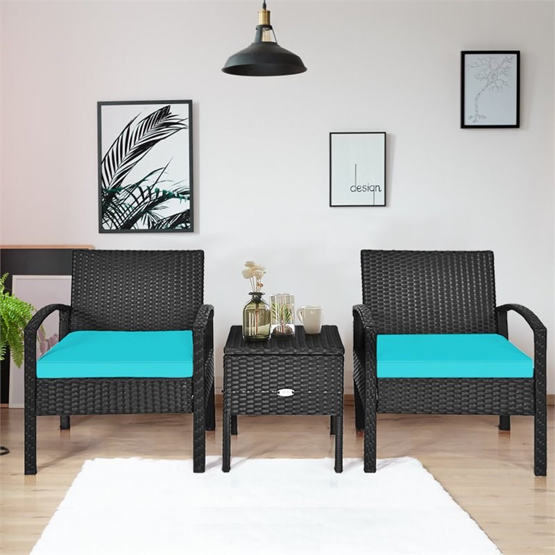 Pemberly Row 3-piece Rattan Patio Furniture Set with Sponge Cushion in Turquoise