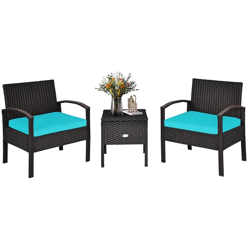 Pemberly Row 3-piece Rattan Patio Furniture Set with Sponge Cushion in Turquoise