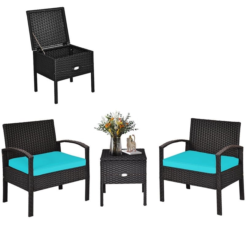 Pemberly Row 3-piece Rattan Patio Furniture Set with Sponge Cushion in Turquoise
