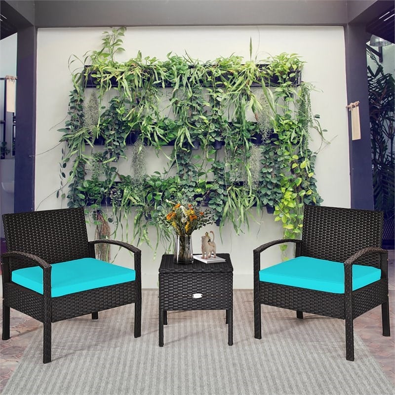 Pemberly Row 3-piece Rattan Patio Furniture Set with Sponge Cushion in Turquoise