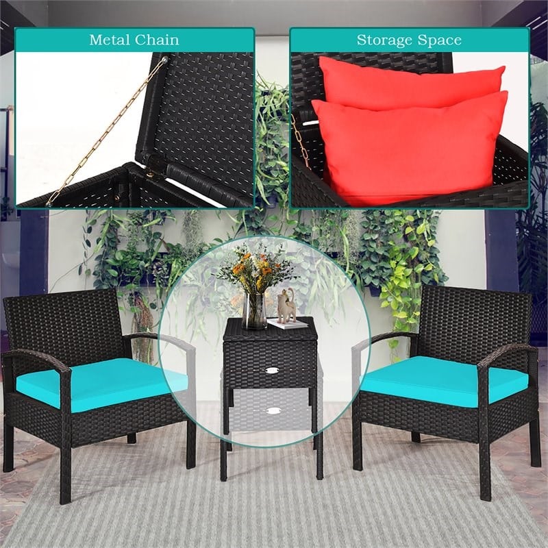 Pemberly Row 3-piece Rattan Patio Furniture Set with Sponge Cushion in Turquoise