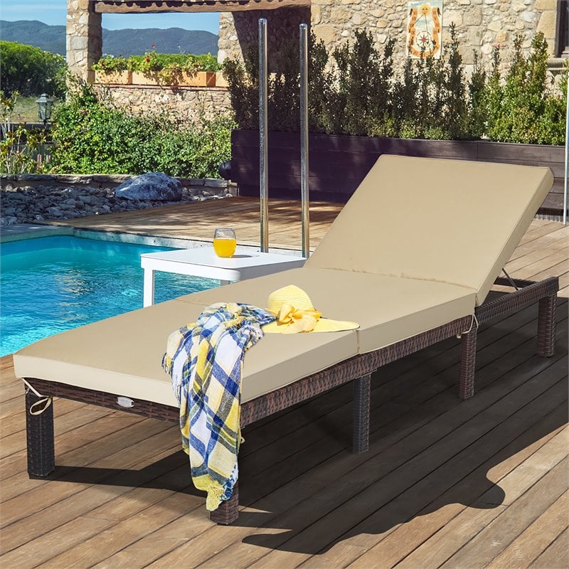 Pemberly Row Rattan Patio Lounge Chair with Adjustable Backrest in Brown
