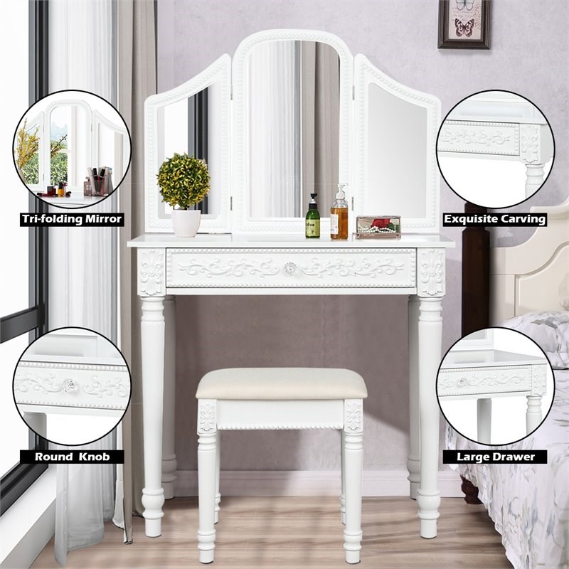 Pemberly Row MDF Tri Folding Vanity Makeup Dressing Set w/ 2 Side Mirrors-White