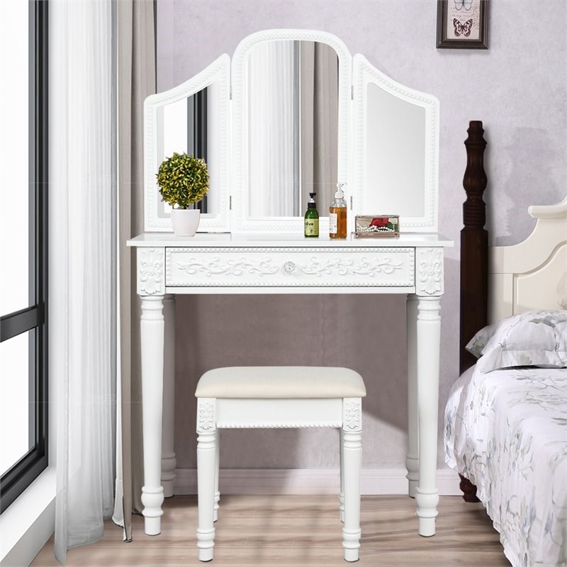 Pemberly Row MDF Tri Folding Vanity Makeup Dressing Set w/ 2 Side Mirrors-White