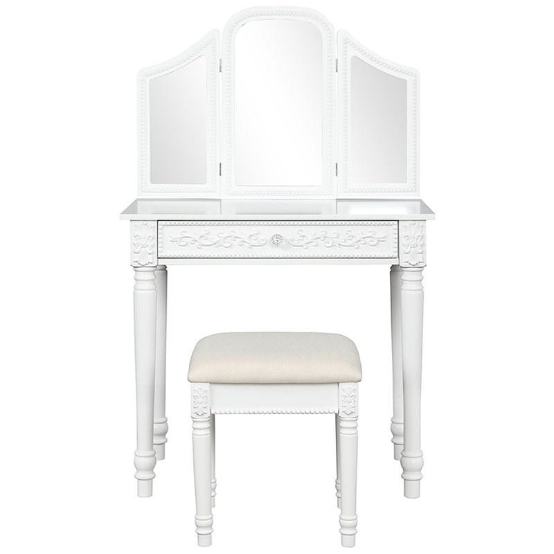 Pemberly Row MDF Tri Folding Vanity Makeup Dressing Set w/ 2 Side Mirrors-White