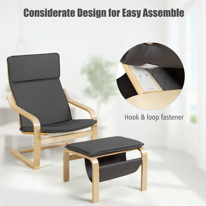 Pemberly Row Sponge Lounge Chair & Padded Ottoman Set w/ Magazine Rack in Gray