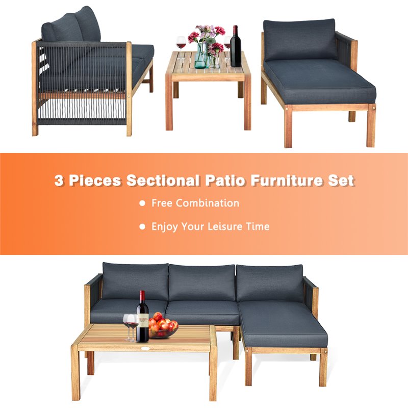 Pemberly Row 3-Pc Acacia Wood Patio Sofa Set with Thick Cushion in Natural/Gray