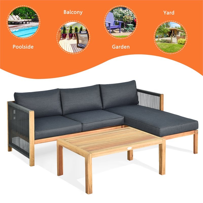 Pemberly Row 3-Pc Acacia Wood Patio Sofa Set with Thick Cushion in Natural/Gray