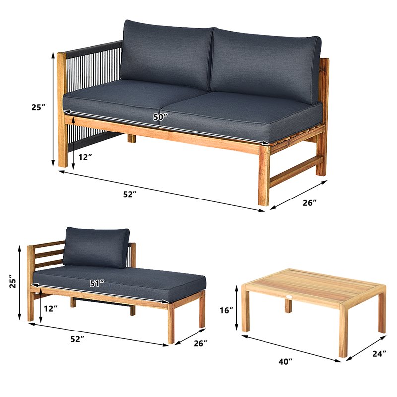 Pemberly Row 3-Pc Acacia Wood Patio Sofa Set with Thick Cushion in Natural/Gray