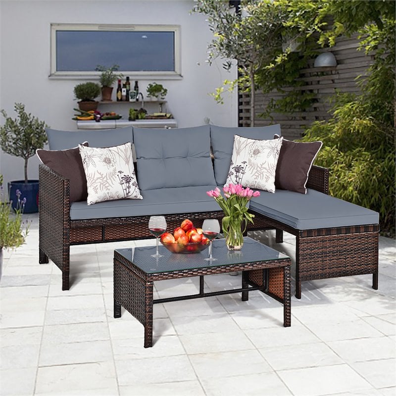 Pemberly Row 3-piece Wicker Rattan Patio L-shape Corner Sofa Set in Gray