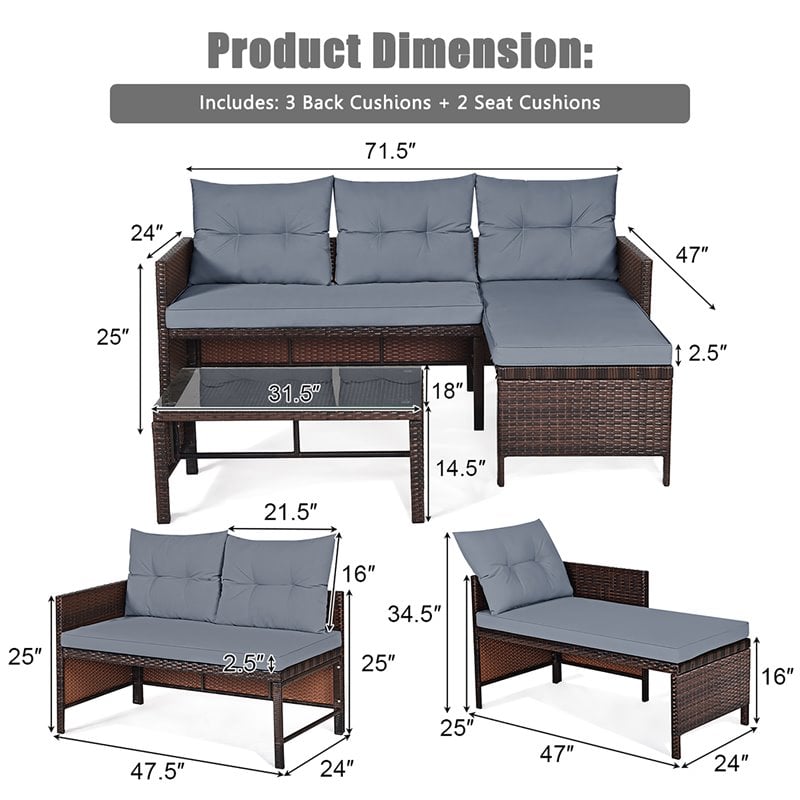 Pemberly Row 3-piece Wicker Rattan Patio L-shape Corner Sofa Set in Gray