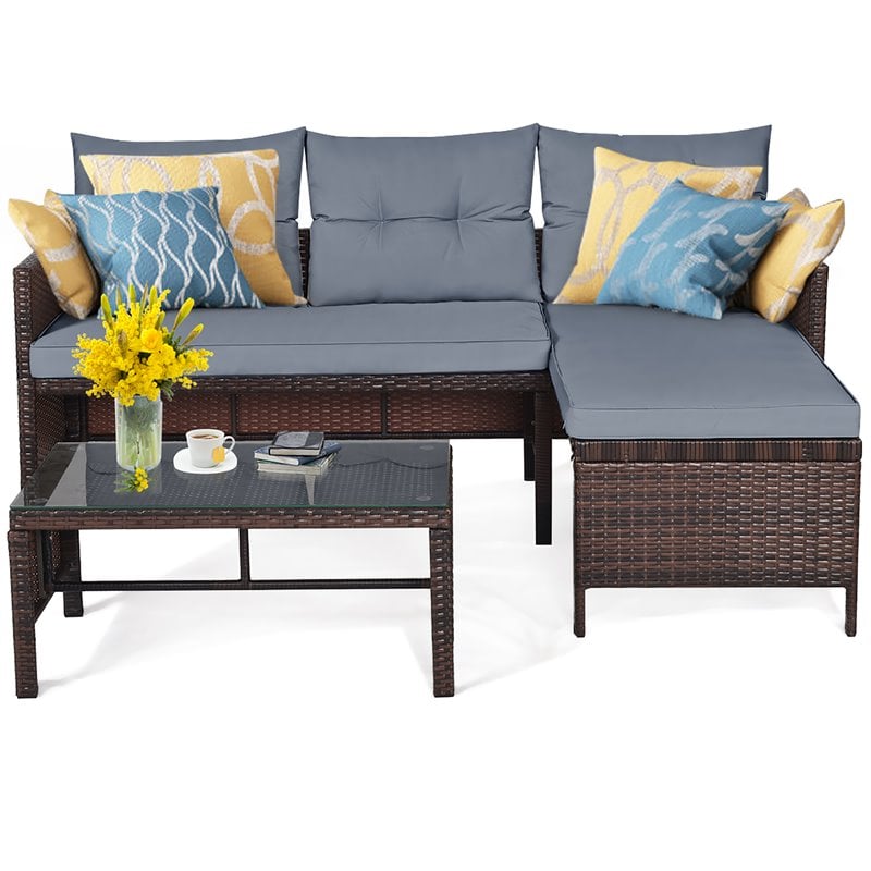 Pemberly Row 3-piece Wicker Rattan Patio L-shape Corner Sofa Set in Gray