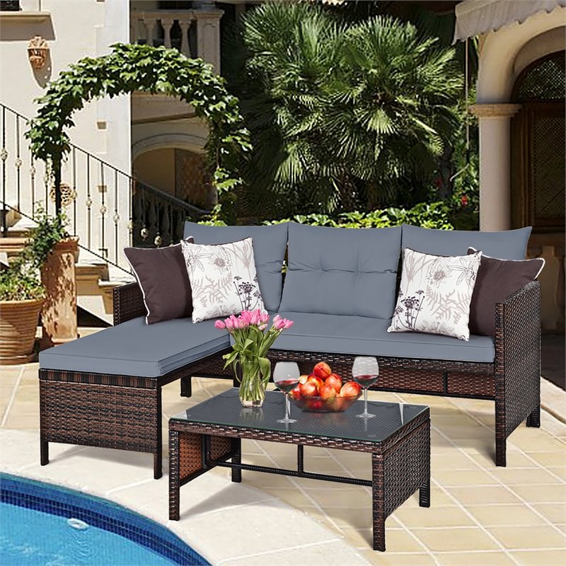 Pemberly Row 3-piece Wicker Rattan Patio L-shape Corner Sofa Set in Gray