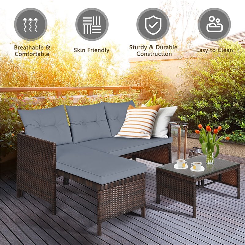 Pemberly Row 3-piece Wicker Rattan Patio L-shape Corner Sofa Set in Gray