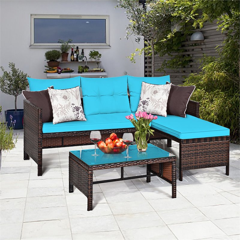 Pemberly Row 3-piece Wicker Rattan Patio L-shape Corner Sofa Set in Turquoise
