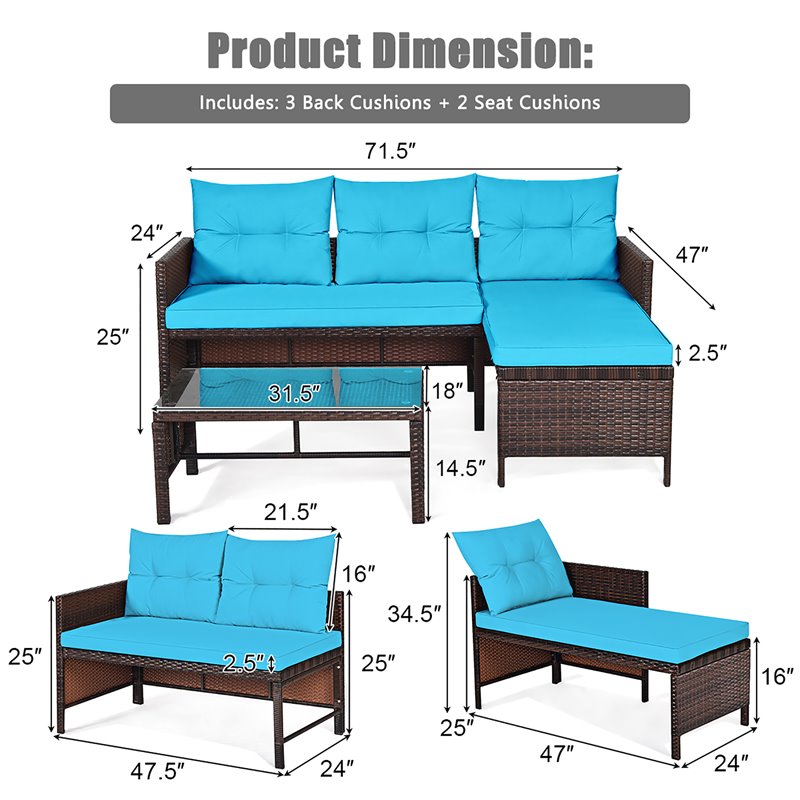 Pemberly Row 3-piece Wicker Rattan Patio L-shape Corner Sofa Set in Turquoise