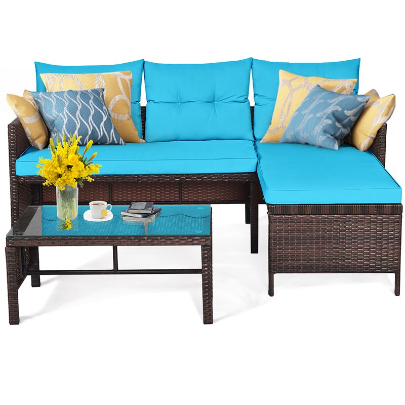 Pemberly Row 3-piece Wicker Rattan Patio L-shape Corner Sofa Set in Turquoise