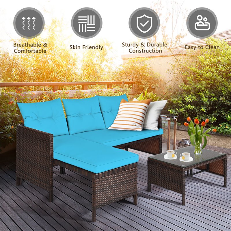 Pemberly Row 3-piece Wicker Rattan Patio L-shape Corner Sofa Set in Turquoise