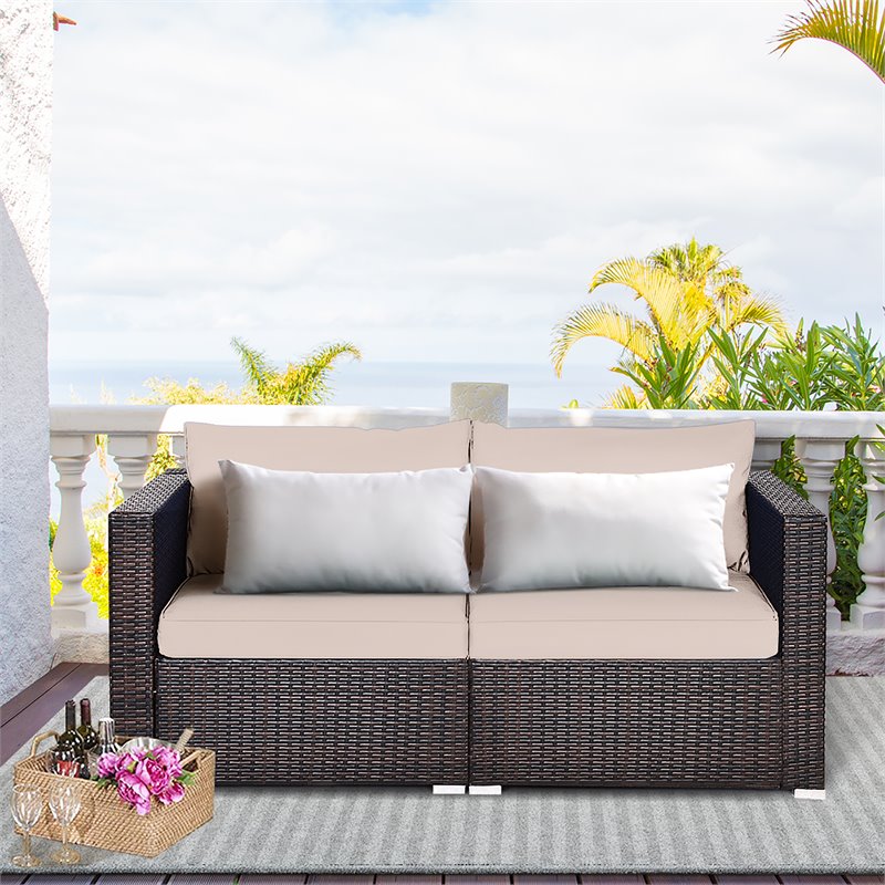Pemberly Row 2-piece Rattan Patio Corner Sofa Set with Beige Cushion in Brown