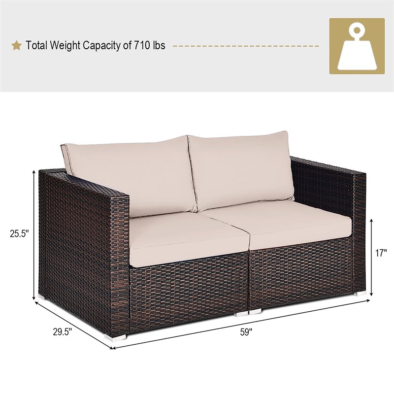 Pemberly Row 2-piece Rattan Patio Corner Sofa Set with Beige Cushion in Brown