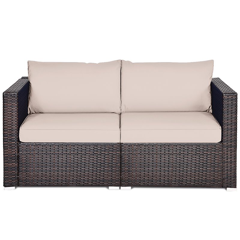 Pemberly Row 2-Pc Rattan Patio Corner Sofa Set w/ Beige Cushion in Brown Finish