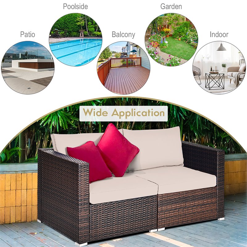 Pemberly Row 2-Pc Rattan Patio Corner Sofa Set w/ Beige Cushion in Brown Finish