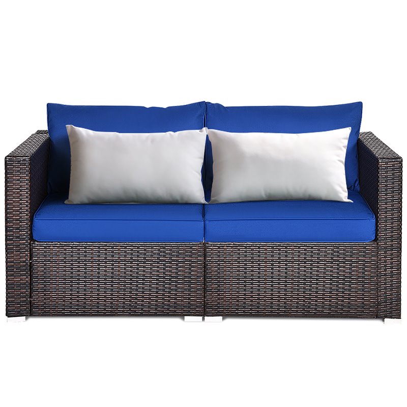 Pemberly Row 2-piece Rattan Patio Corner Sofa Set with Navy Cushion in Brown
