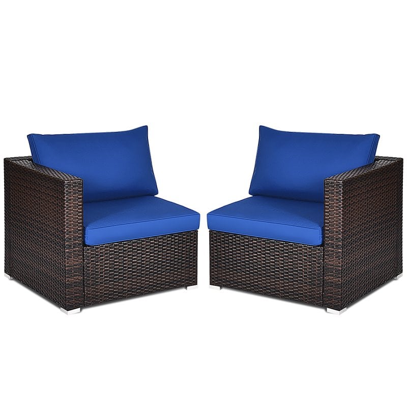 Pemberly Row 2-piece Rattan Patio Corner Sofa Set with Navy Cushion in Brown