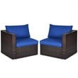 Pemberly Row 2-piece Rattan Patio Corner Sofa Set with Navy Cushion in Brown
