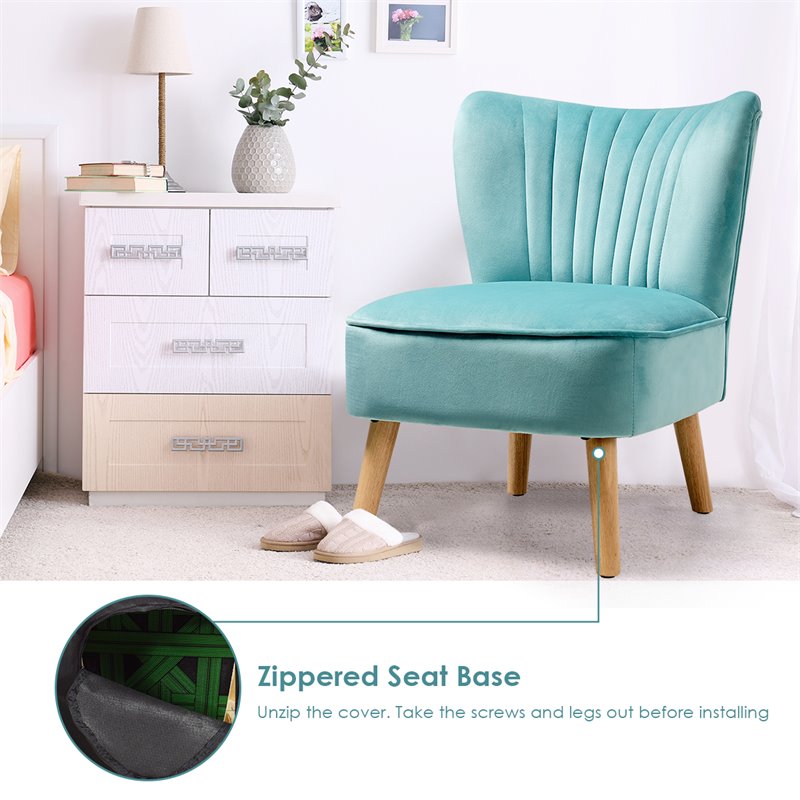 Pemberly Row Contemporary Rubber Wood & Velvet Armless Leisure Chair in Green