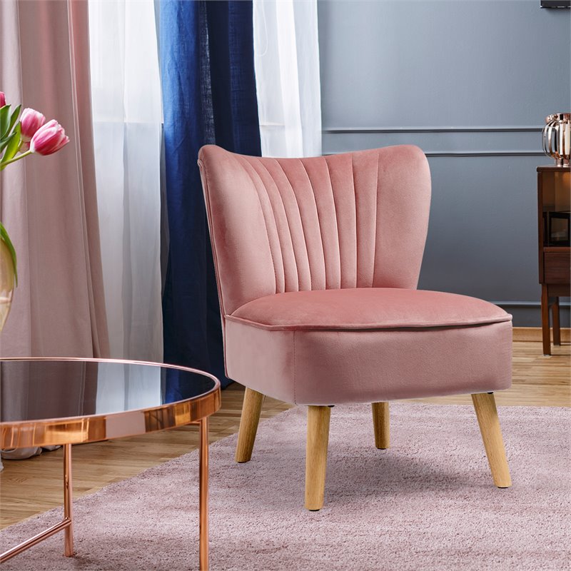 Pemberly Row Contemporary Rubber Wood & Velvet Armless Leisure Chair in Pink