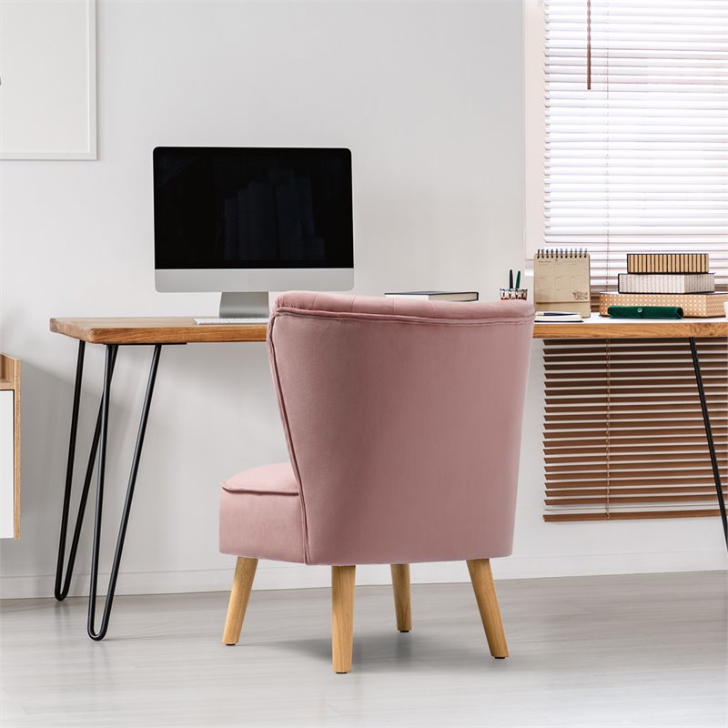 Pemberly Row Contemporary Rubber Wood & Velvet Armless Leisure Chair in Pink