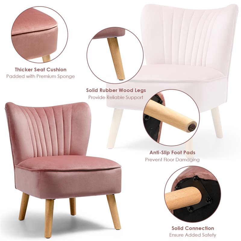 Pemberly Row Contemporary Rubber Wood & Velvet Armless Leisure Chair in Pink