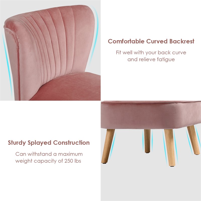 Pemberly Row Contemporary Rubber Wood & Velvet Armless Leisure Chair in Pink