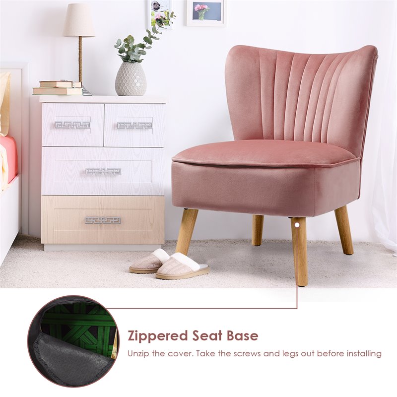 Pemberly Row Contemporary Rubber Wood & Velvet Armless Leisure Chair in Pink