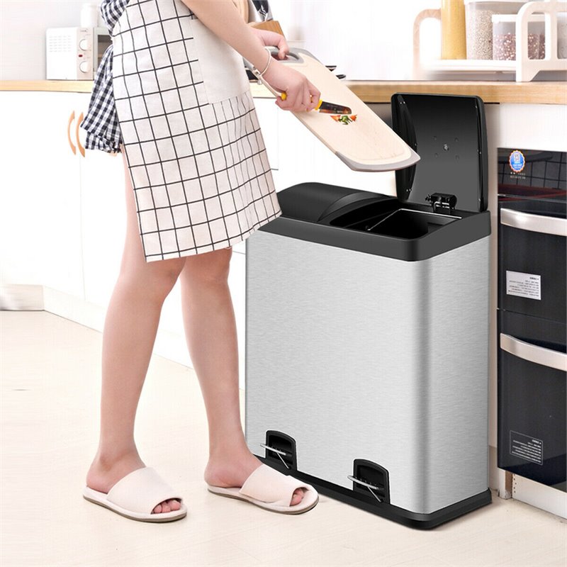 Pemberly Row 16-gallon Stainless Steel Dual Step Trash Can in Silver