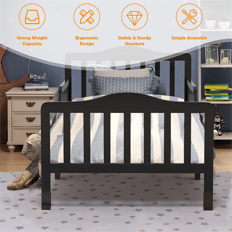 Pemberly Row Solid Rubber and Poplar Wood Toddler Bed with Guardrails in Black