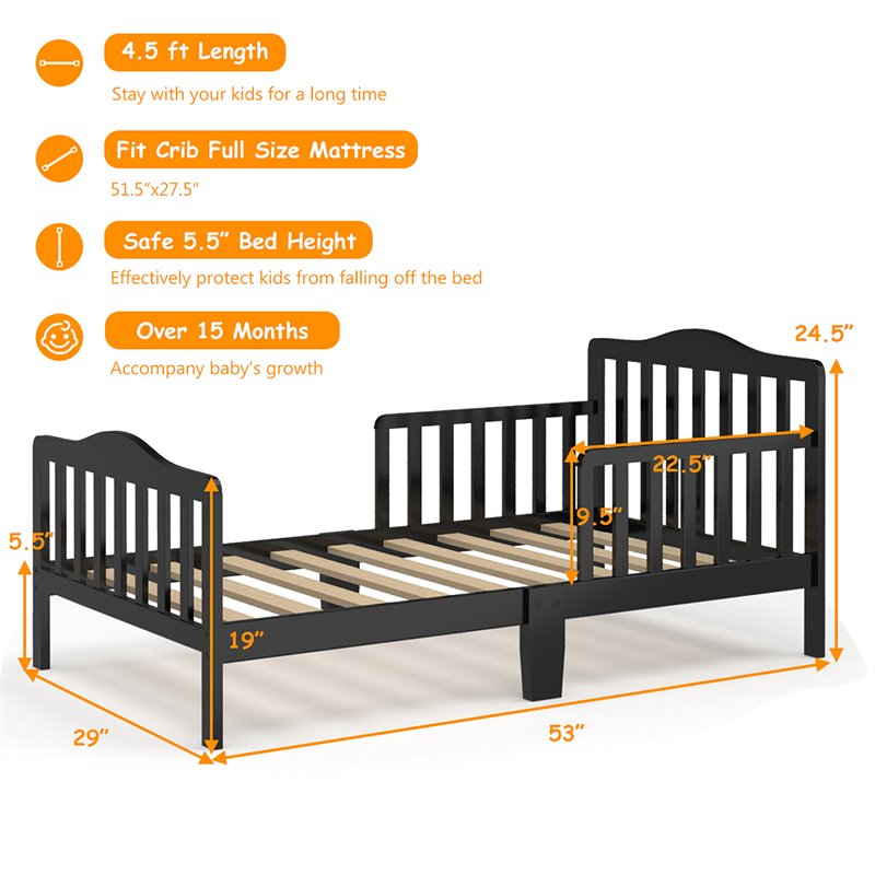 Pemberly Row Solid Rubber and Poplar Wood Toddler Bed with Guardrails in Black