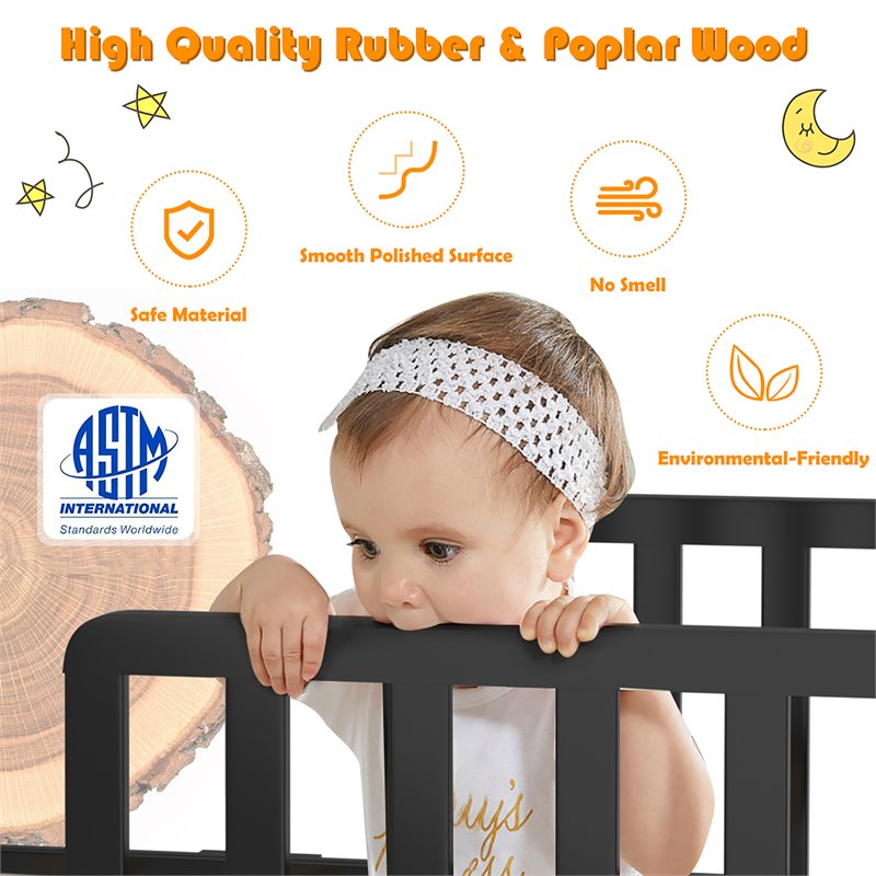 Pemberly Row Solid Rubber and Poplar Wood Toddler Bed with Guardrails in Black