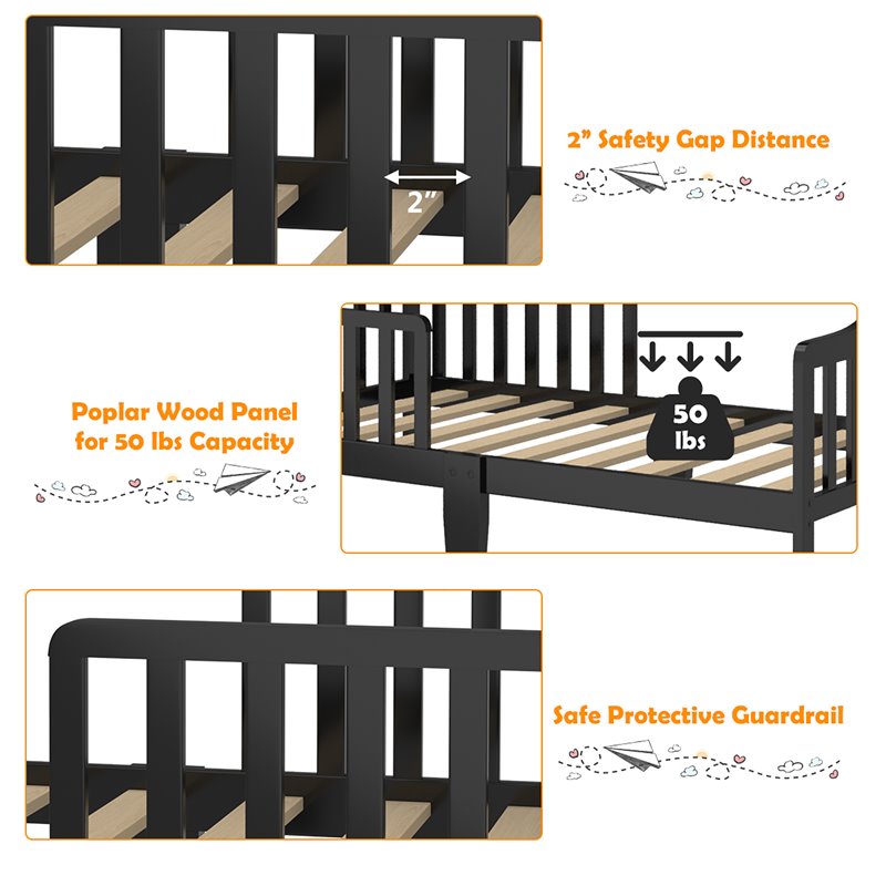 Pemberly Row Solid Rubber and Poplar Wood Toddler Bed with Guardrails in Black