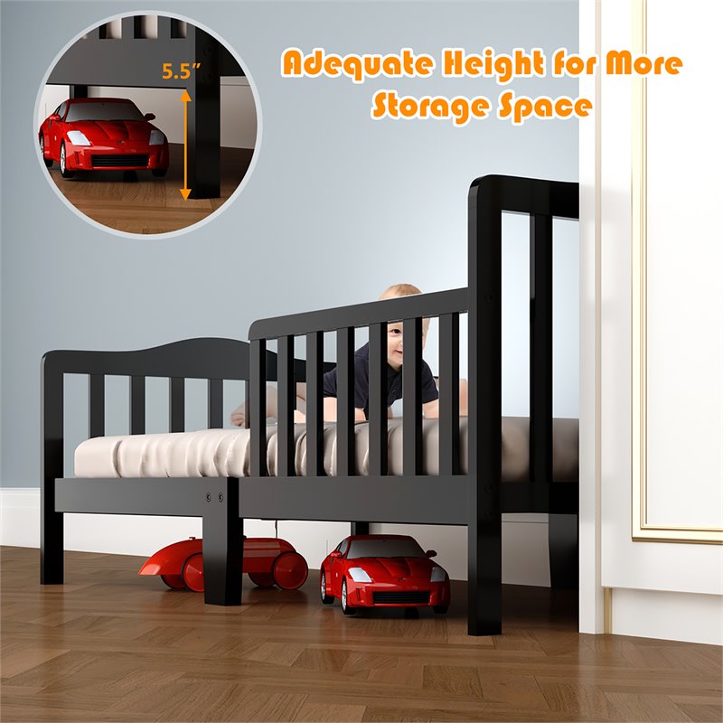 Pemberly Row Solid Rubber and Poplar Wood Toddler Bed with Guardrails in Black