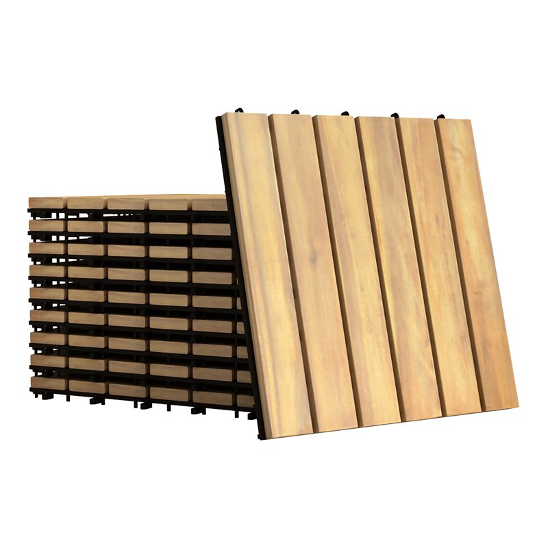 Pemberly Row 12x12'' 10-Pc Stripe Pattern Acacia Wood Patio Deck Tiles in Brown