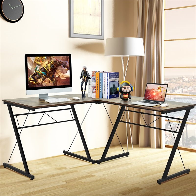Pemberly Row 59'' L-Shaped Contemporary MDF and Iron Computer Desk in Brown