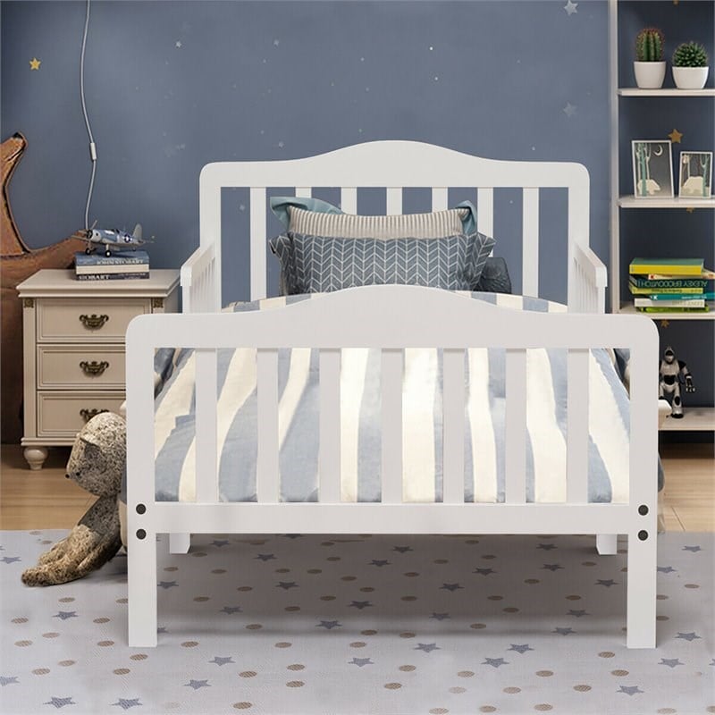 Pemberly Row Solid Rubber and Poplar Wood Toddler Bed with Guardrails in White